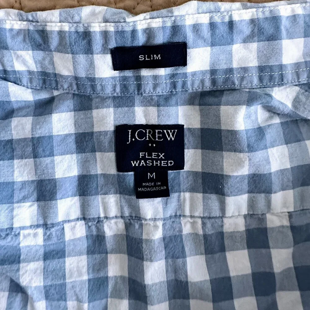 J.CREW Men's Blue White Gingham Buttoned Down Slim Flex Washed Shirt Size M NWoT